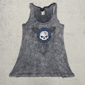 Harley Davidson Tank Top Womens Small Gray Acid Wash‎ Skull Graphic Ribbed